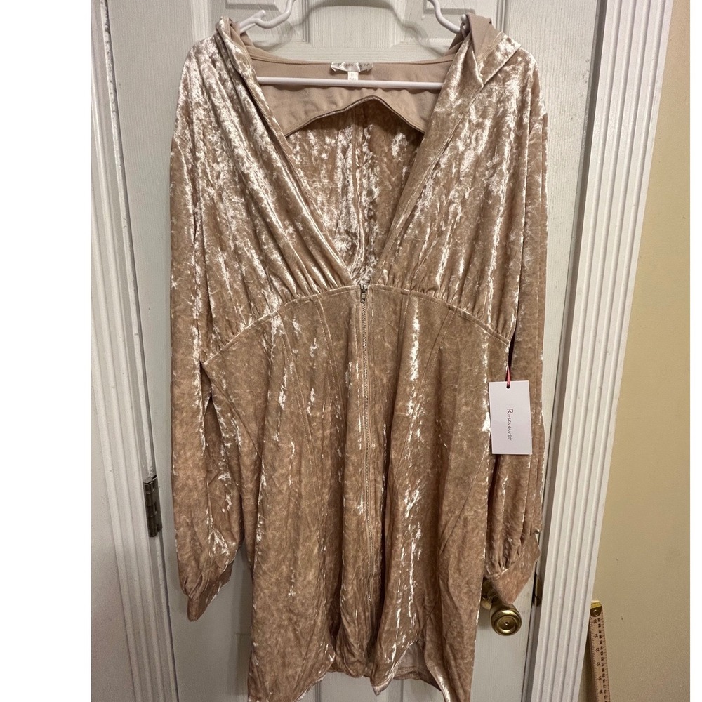 Rosevelvet Womens Champagne Crushed Velvet Hooded Corset Mini Dress 1X NWT